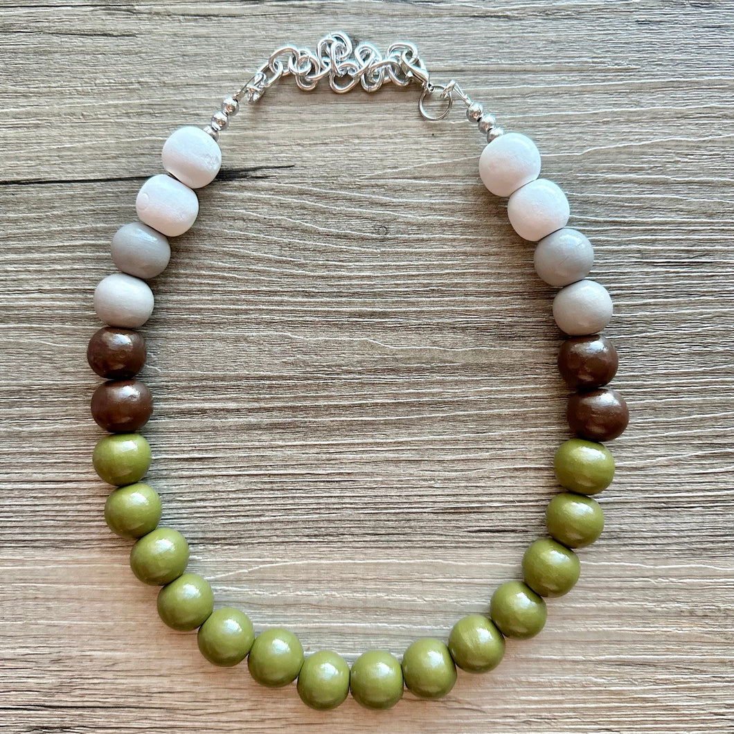 Ombré White Green Single Layer Statement Necklace, Chunky Green jewel tones Jewelry, wood beaded thick bib necklace gray olive gray