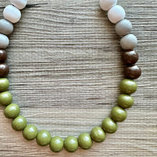 Load image into Gallery viewer, Ombré White Green Single Layer Statement Necklace, Chunky Green jewel tones Jewelry, wood beaded thick bib necklace gray olive gray