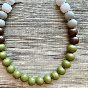 Ombré White Green Single Layer Statement Necklace, Chunky Green jewel tones Jewelry, wood beaded thick bib necklace gray olive gray