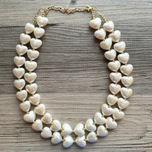 Load image into Gallery viewer, Paper Mache Heart Statement Necklace, Chunky double Strand Jewelry, Valentines Day jewelry, chunky cream bib beaded colorful off white gold