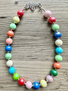 Colorful Gumball Rainbow Long Statement Necklace, Ball Beaded Jewelry, silver accent chunky single strand long jewelry