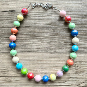 Colorful Gumball Rainbow Long Statement Necklace, Ball Beaded Jewelry, silver accent chunky single strand long jewelry