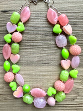 Load image into Gallery viewer, Pink &amp; Green Heart Necklace, multi strand colorful jewelry, chunky statement necklace, Saint Valentines Day February lime green