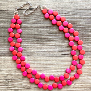 Red & Pink Flutter Necklace, multi strand colorful jewelry, chunky statement necklace, hot pink necklace, Saint Valentines Day February