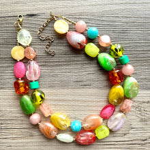 Load image into Gallery viewer, Tropical Paradise 2 Strand statement necklace, big beaded chunky jewelry, Fuchsia Lime Green Coral Bib Jewelry Set earrings set yellow