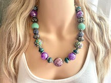 Load image into Gallery viewer, Purple Statement Necklace &amp; Earring set, purple jewelry, Silver lavender single strand, green bib chunky necklace, mint gray earrings