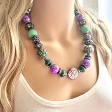 Load image into Gallery viewer, Purple Statement Necklace &amp; Earring set, purple jewelry, Silver lavender single strand, green bib chunky necklace, mint gray earrings