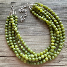 Load image into Gallery viewer, Genuine Green Peridot Statement Necklace, Chunky 5 Strand Jewelry, silver necklace, thick collar beaded bib glass metal olive gemstone