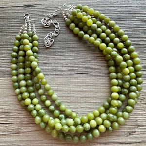 Genuine Green Peridot Statement Necklace, Chunky 5 Strand Jewelry, silver necklace, thick collar beaded bib glass metal olive gemstone