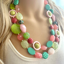 Load image into Gallery viewer, Spring Pastel Chunky Statement Necklace, multi Strand Beaded Jewelry, green pink jewelry, spring necklace Easter statement mint hot pink