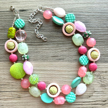 Load image into Gallery viewer, Spring Pastel Chunky Statement Necklace, multi Strand Beaded Jewelry, green pink jewelry, spring necklace Easter statement mint hot pink