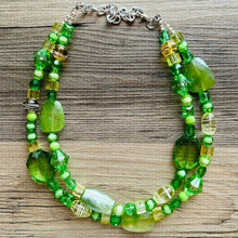 Load image into Gallery viewer, Lime &amp; Forest Green Chunky Statement Necklace, green beaded necklace, bubble jewelry, multi color jewelry multi strand necklace, bib chunky