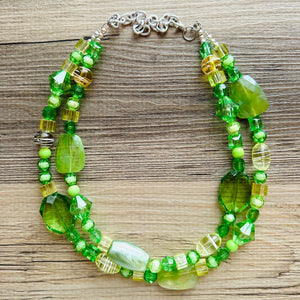 Lime & Forest Green Chunky Statement Necklace, green beaded necklace, bubble jewelry, multi color jewelry multi strand necklace, bib chunky