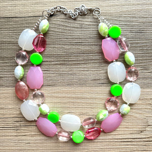 Watermelon Salt Necklace, Pink & Green Chunky Statement Necklace, green pink beaded necklace jewelry, multi color strand bib chunky