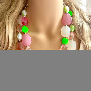 Watermelon Salt Necklace, Pink & Green Chunky Statement Necklace, green pink beaded necklace jewelry, multi color strand bib chunky