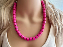 Load image into Gallery viewer, Hot Pink Pink Chunky Statement Necklace, 1 Strand Beaded Jewelry, Pink jewelry, tube bead layering bib dark pink drop earrings