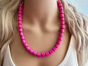 Hot Pink Pink Chunky Statement Necklace, 1 Strand Beaded Jewelry, Pink jewelry, tube bead layering bib dark pink drop earrings