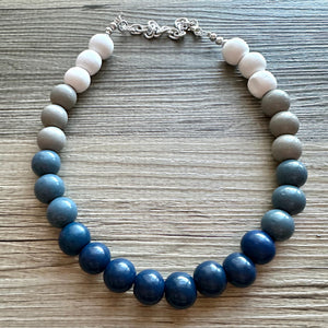 Ombré White Blue Single Layer Statement Necklace, Chunky Blue jewel tones Jewelry, wood beaded thick bib necklace gray navy blue