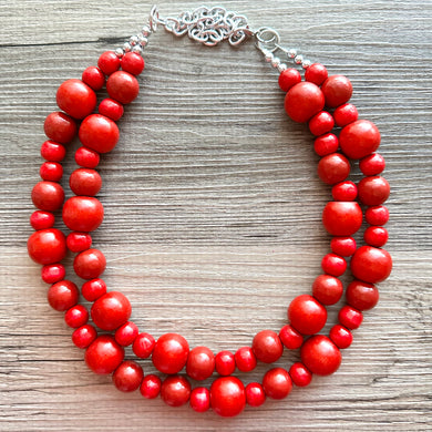 Bubble Red Wood Beaded Necklace, Colorful Jewelry, Chunky wooden statement, big beaded necklace, birthday 2 strand thick collar beads