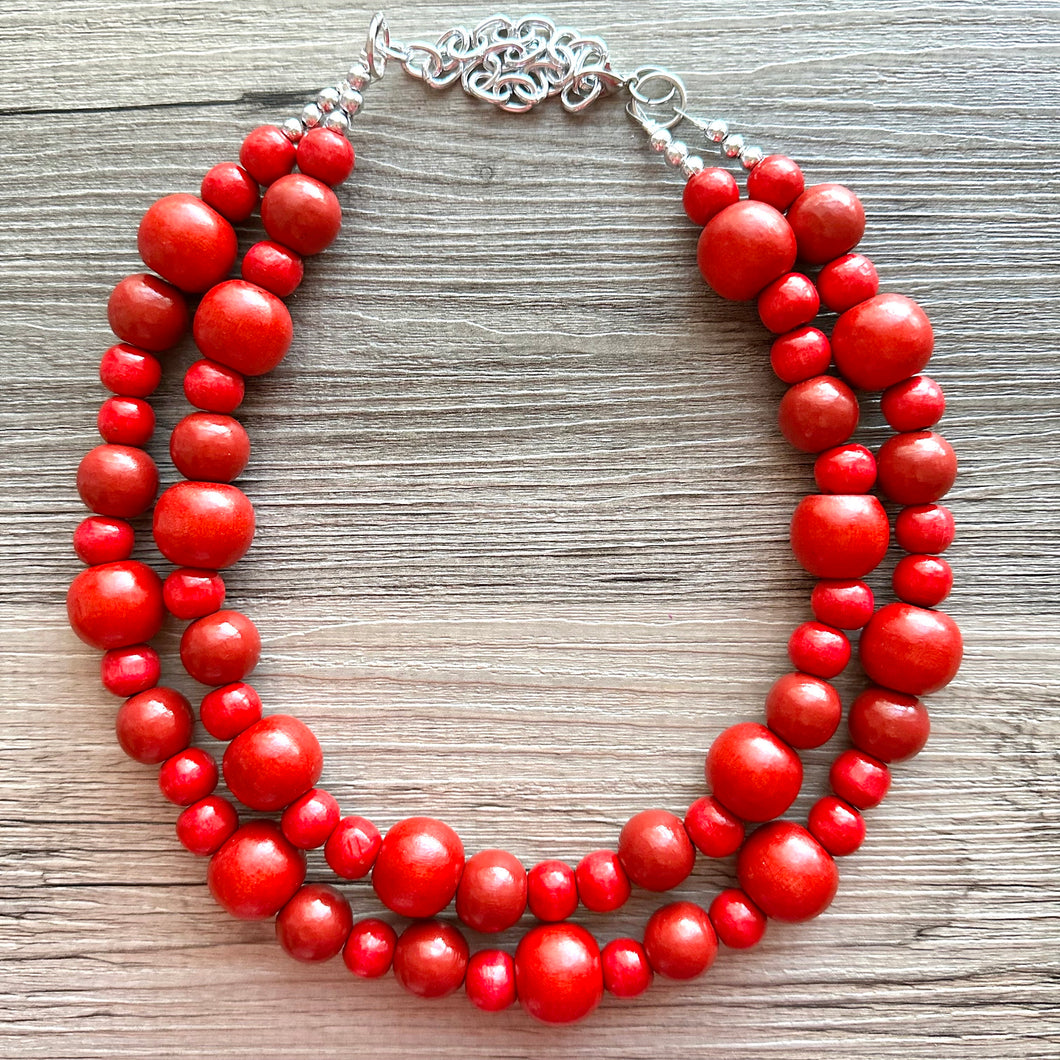 Bubble Red Wood Beaded Necklace, Colorful Jewelry, Chunky wooden statement, big beaded necklace, birthday 2 strand thick collar beads