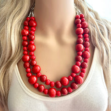 Load image into Gallery viewer, Bubble Red Wood Beaded Necklace, Colorful Jewelry, Chunky wooden statement, big beaded necklace, birthday 2 strand thick collar beads