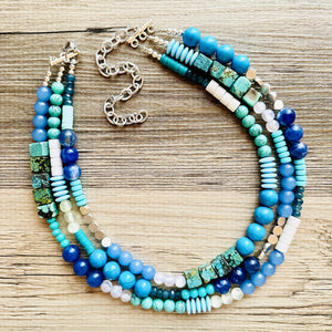 Tributaries Statement Necklace, chunky bib beaded jewelry, Turquoise blue aqua necklace, beaded glass jewelry navy blue teal chambray