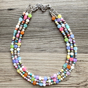 Colorful Spring Statement Necklace, Soft tone Beaded Necklace, Chunky bib necklace, pastel necklace, jewelry, bridesmaid necklace