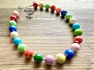 Colorful Gumball Rainbow Long Statement Necklace, Ball Beaded Jewelry, silver accent chunky single strand long jewelry