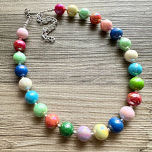 Load image into Gallery viewer, Colorful Gumball Rainbow Long Statement Necklace, Ball Beaded Jewelry, silver accent chunky single strand long jewelry