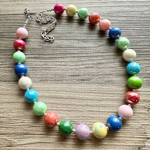 Colorful Gumball Rainbow Long Statement Necklace, Ball Beaded Jewelry, silver accent chunky single strand long jewelry