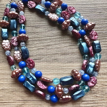 Load image into Gallery viewer, Eggplant Purple Cameo Chunky Statement Necklace 3 Strand Beaded jewelry bridesmaid bib wedding, dark purple crystal royal blue RoseGold