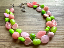 Load image into Gallery viewer, Pink &amp; Green Heart Necklace, multi strand colorful jewelry, chunky statement necklace, Saint Valentines Day February lime green