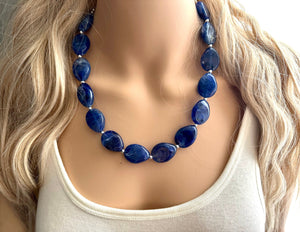 Dark Blue Chunky Statement Necklace, Big beaded jewelry, single Strand Statement Necklace, Bib necklace, blue bridesmaid wedding creamy