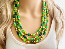 Load image into Gallery viewer, Saint Patricks Green Chunky Statement Necklace &amp; Stretch Bracelet set 3 Strand Beaded Kelly green jewelry bridesmaid earrings gold st pattys