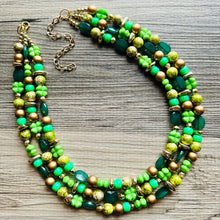 Load image into Gallery viewer, Saint Patricks Green Chunky Statement Necklace &amp; Stretch Bracelet set 3 Strand Beaded Kelly green jewelry bridesmaid earrings gold st pattys