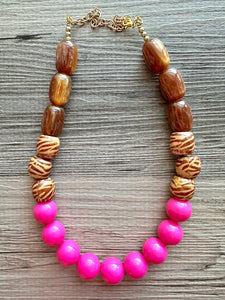 Wood Animal Print Chunky Statement Necklace, gold bib necklace, pink acetate resin bubblegum necklace, wedding bridesmaid chunky brown