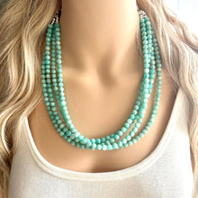 Load image into Gallery viewer, Genuine Green Amazonite Statement Necklace, Chunky 4 Strand Jewelry, silver necklace, thick collar beaded bib glass metal aqua mint gemstone