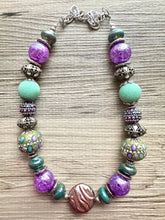 Load image into Gallery viewer, Purple Statement Necklace &amp; Earring set, purple jewelry, Silver lavender single strand, green bib chunky necklace, mint gray earrings