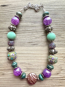 Purple Statement Necklace & Earring set, purple jewelry, Silver lavender single strand, green bib chunky necklace, mint gray earrings