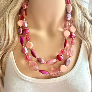 Pink Love Necklace, multi strand colorful jewelry, chunky statement necklace, cream red pink Saint Valentines Day February blush baby