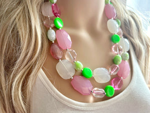 Watermelon Salt Necklace, Pink & Green Chunky Statement Necklace, green pink beaded necklace jewelry, multi color strand bib chunky