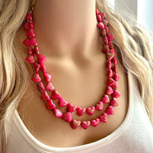 Load image into Gallery viewer, Golden Heart Flutter Necklace, multi strand colorful jewelry, chunky statement necklace, gold red pink Saint Valentines Day February
