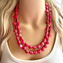 Load image into Gallery viewer, Golden Heart Flutter Necklace, multi strand colorful jewelry, chunky statement necklace, gold red pink Saint Valentines Day February