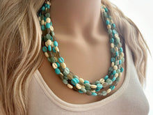 Load image into Gallery viewer, Make Waves 5 Strand statement necklace, turquoise beaded chunky jewelry, gold metallic jewelry necklace jade gray cream white beans