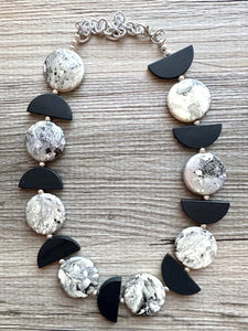 Black & White Silver Chunky Statement Necklace single Strand Beaded jewelry, bridesmaid bib wedding, white bubble necklace resin