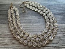 Load image into Gallery viewer, Gold Etched Purple Hologram Statement 3 Strand statement necklace, pretty big beaded chunky jewelry, golden shiny metallic jewelry necklace