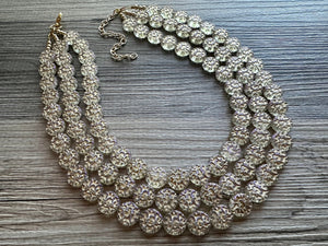 Gold Etched Purple Hologram Statement 3 Strand statement necklace, pretty big beaded chunky jewelry, golden shiny metallic jewelry necklace