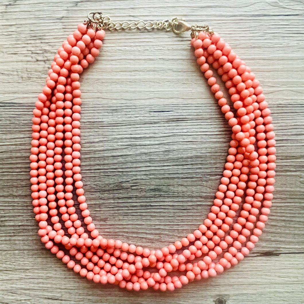 Chunky Multi Strand Peach Statement Necklace, pink - orange beaded jewelry, peach necklace, coral jewelry, peach bridesmaid, dressy