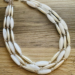 White 3 Strand Necklace, white Chunky jewelry, Statement Necklace, white jewelry, beaded crystal wedding bridesmaid tube jewelry