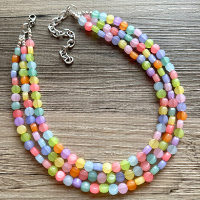 Rainbow Chunky Statement Necklace, 3 layer multi Strand Beaded Jewelry, blue pink green yellow jewelry, spring necklace, Easter statement